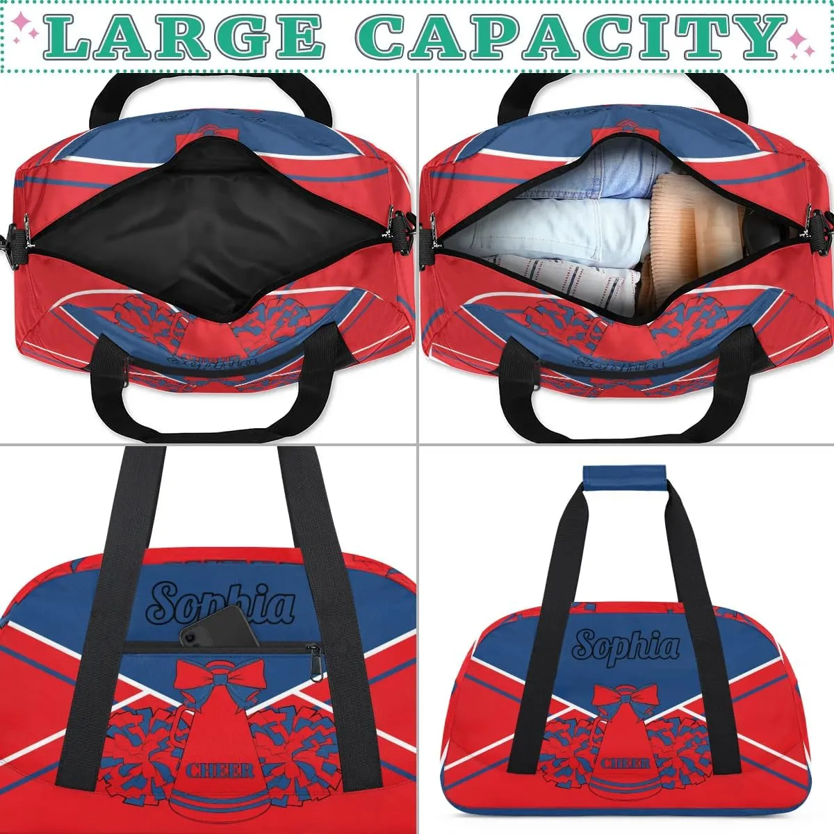 Personalized Cheer Duffel Bags Custom Cheerleader Bag with Name for Sport Events Dance Bag Gym Bag Overnight Weekender Carry-on Bag, Blue Red
