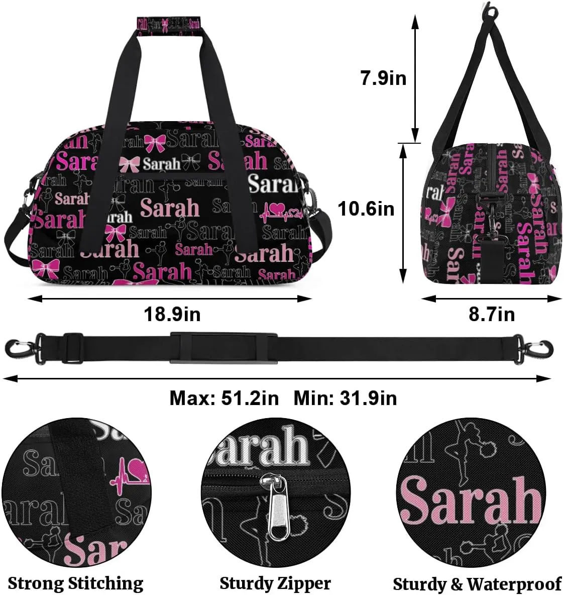 Personalized Cheer Duffle Bags, Custom Cheerleading Gym Bag for Women, Cheer Duffel Bag with Name Overnight Weekender Bags Customized Gifts for Cheerleaders (Black)