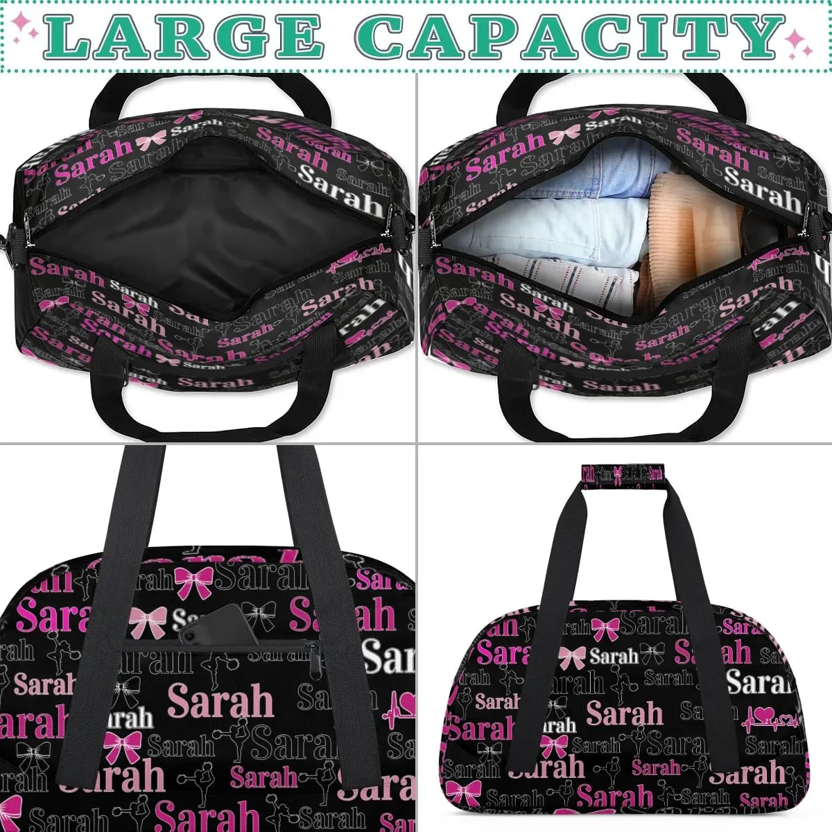 Personalized Cheer Duffle Bags, Custom Cheerleading Gym Bag for Women, Cheer Duffel Bag with Name Overnight Weekender Bags Customized Gifts for Cheerleaders (Black)