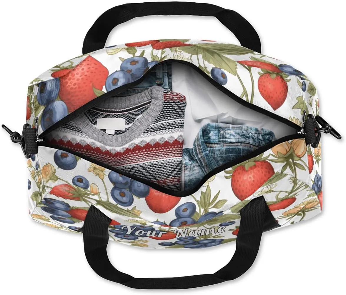 Personalized Kids Duffel Bag Strawberry Blueberry Flower Pattern,Custom Sport Gym Bag for Boys Girls,WWeekender Overnight Bags Travel Duffel Bag,Customized Kids Gift