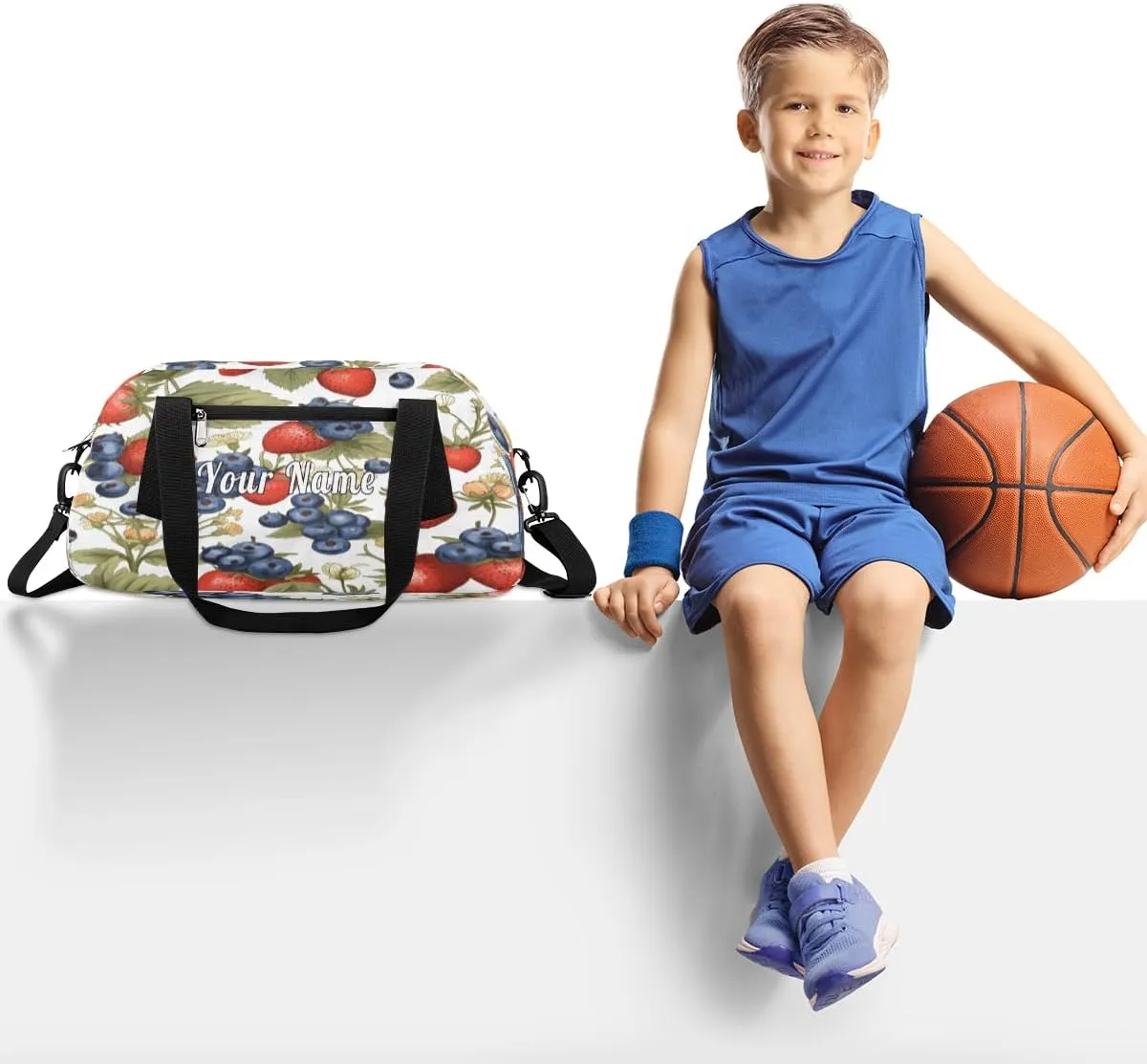 Personalized Kids Duffel Bag Strawberry Blueberry Flower Pattern,Custom Sport Gym Bag for Boys Girls,WWeekender Overnight Bags Travel Duffel Bag,Customized Kids Gift