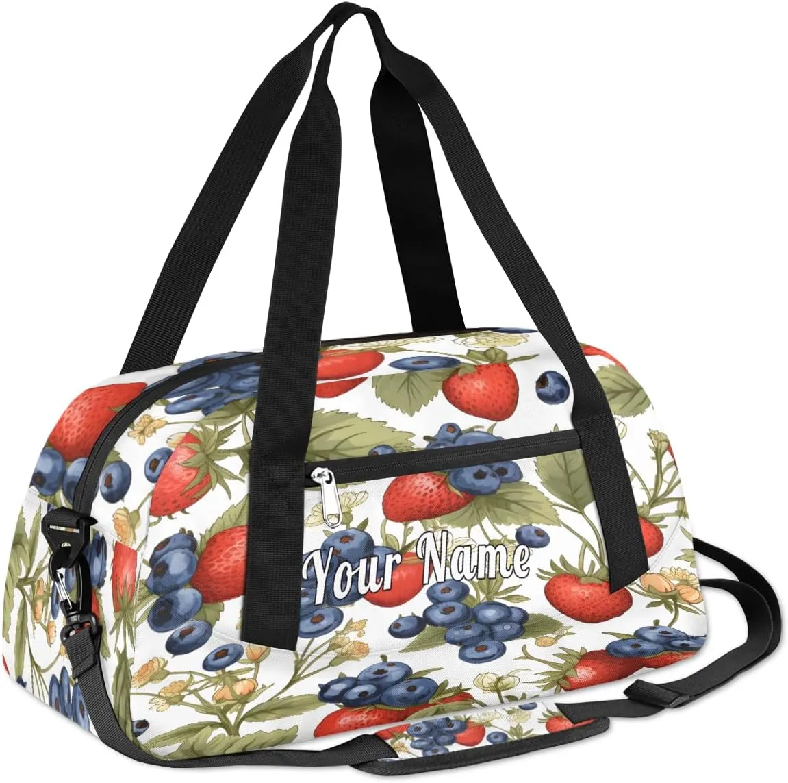 Personalized Kids Duffel Bag Strawberry Blueberry Flower Pattern,Custom Sport Gym Bag for Boys Girls,WWeekender Overnight Bags Travel Duffel Bag,Customized Kids Gift