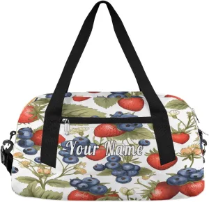 Personalized Kids Duffel Bag Strawberry Blueberry Flower Pattern,Custom Sport Gym Bag for Boys Girls,WWeekender Overnight Bags Travel Duffel Bag,Customized Kids Gift