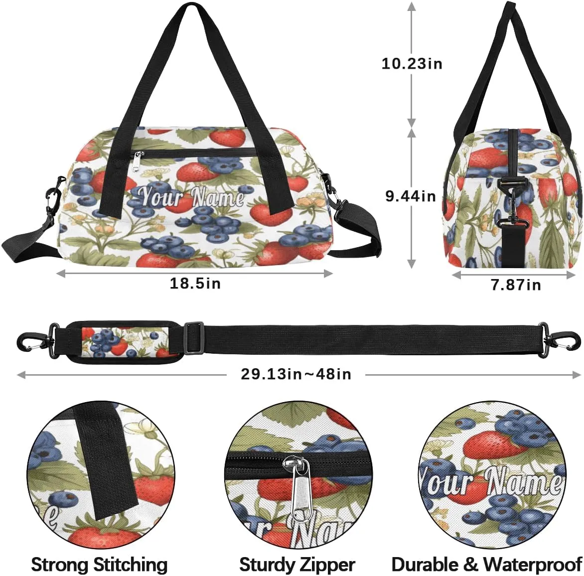 Personalized Kids Duffel Bag Strawberry Blueberry Flower Pattern,Custom Sport Gym Bag for Boys Girls,WWeekender Overnight Bags Travel Duffel Bag,Customized Kids Gift