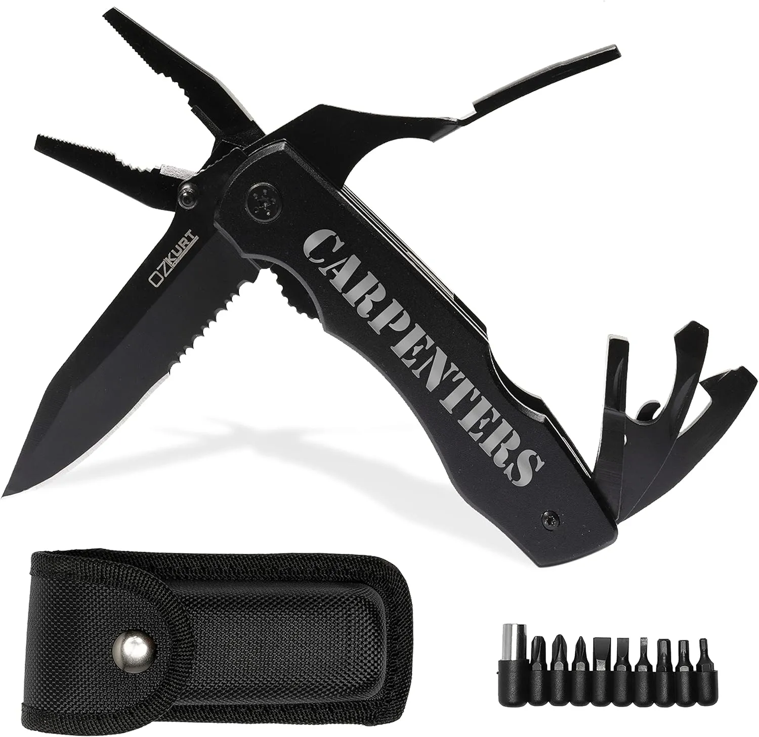 Personalized Multitool Knife w/Engraved Name in 20 Fonts, 9 In 1 Multi Tool Plier Knife with Pliers, Screwdriver Set & Belt Case, Camping & Fishing Gifts for Him, Christmas Gifts for Men