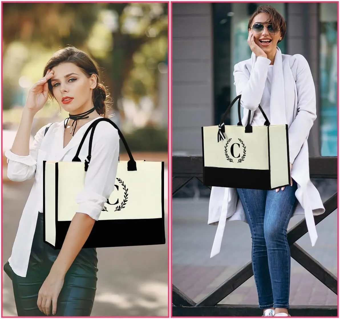 Personalized Tote Bag, Monogrammed Gifts for Women Bride Initial Reusable Grocery Bags for Wedding Bridal Shower