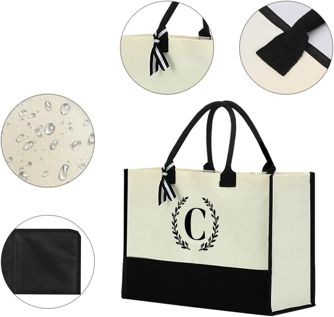 Personalized Tote Bag, Monogrammed Gifts for Women Bride Initial Reusable Grocery Bags for Wedding Bridal Shower