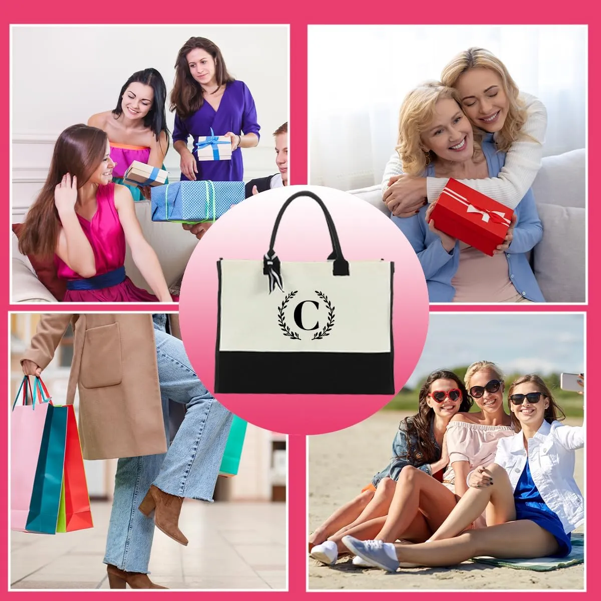 Personalized Tote Bag, Monogrammed Gifts for Women Bride Initial Reusable Grocery Bags for Wedding Bridal Shower