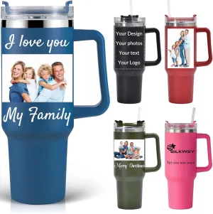 Personalized Tumbler With Handle-Custom 40oz Travel Cup With Lid And Straw-Laser Engraved With Name,Logo,Text,Image-Personalized Gifts For Mom,Dad,Birthday