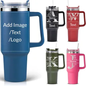 Personalized Tumbler With Handle-Custom 40oz Travel Cup With Lid And Straw-Laser Engraved With Name,Logo,Text,Image-Personalized Gifts For Mom,Dad,Birthday