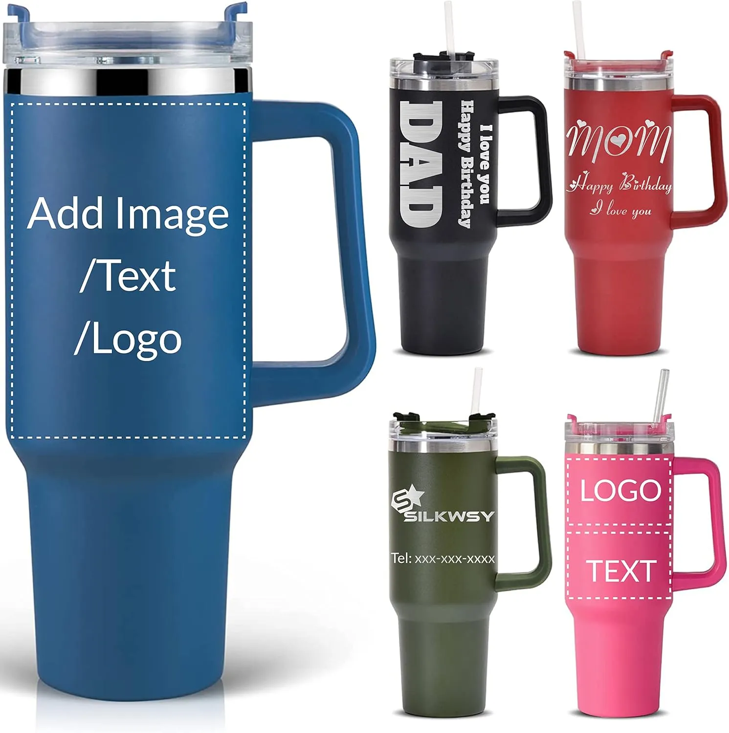 Personalized Tumbler With Handle-Custom 40oz Travel Cup With Lid And Straw-Laser Engraved With Name,Logo,Text,Image-Personalized Gifts For Mom,Dad,Birthday