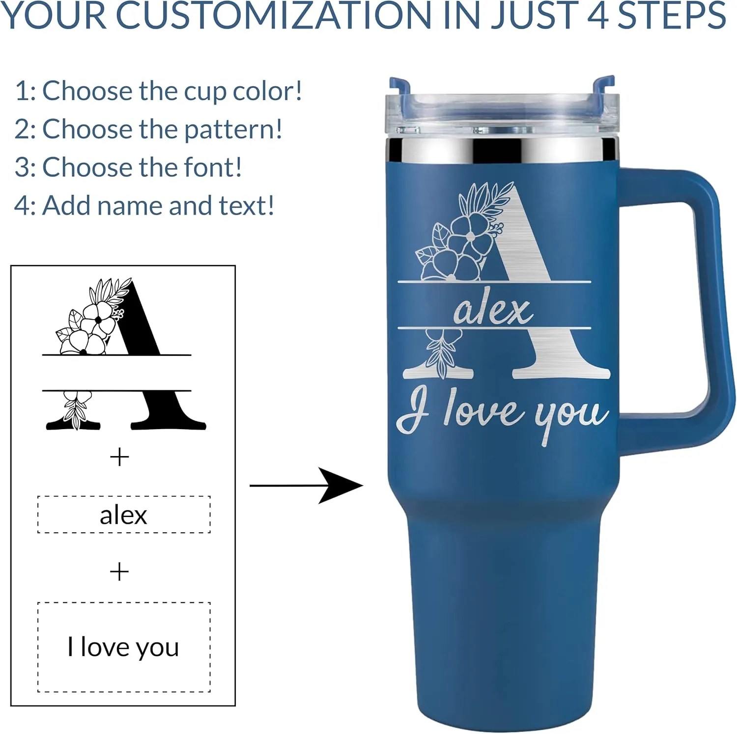 Personalized Tumbler With Handle-Custom 40oz Travel Cup With Lid And Straw-Laser Engraved With Name,Logo,Text,Image-Personalized Gifts For Mom,Dad,Birthday