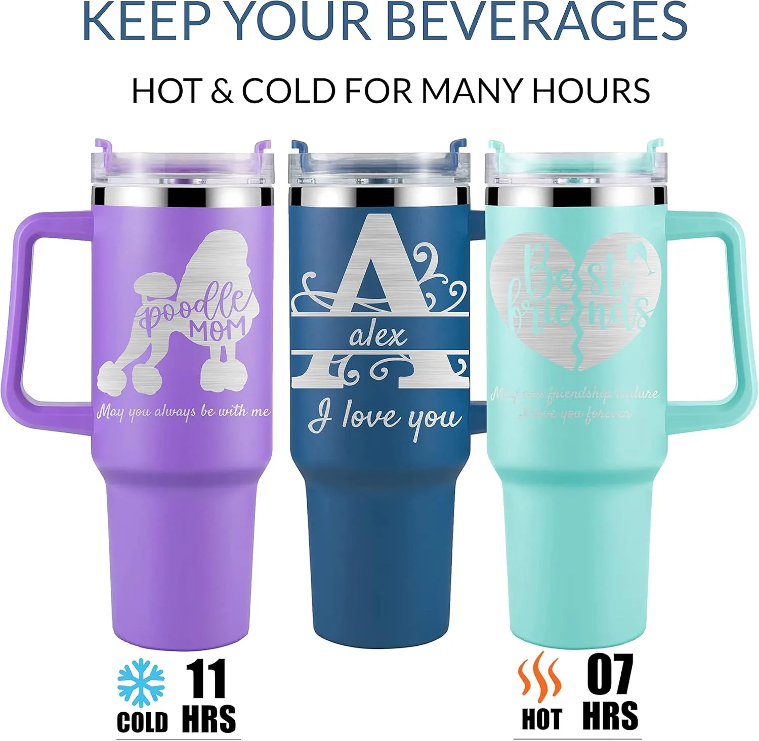 Personalized Tumbler With Handle-Custom 40oz Travel Cup With Lid And Straw-Laser Engraved With Name,Logo,Text,Image-Personalized Gifts For Mom,Dad,Birthday