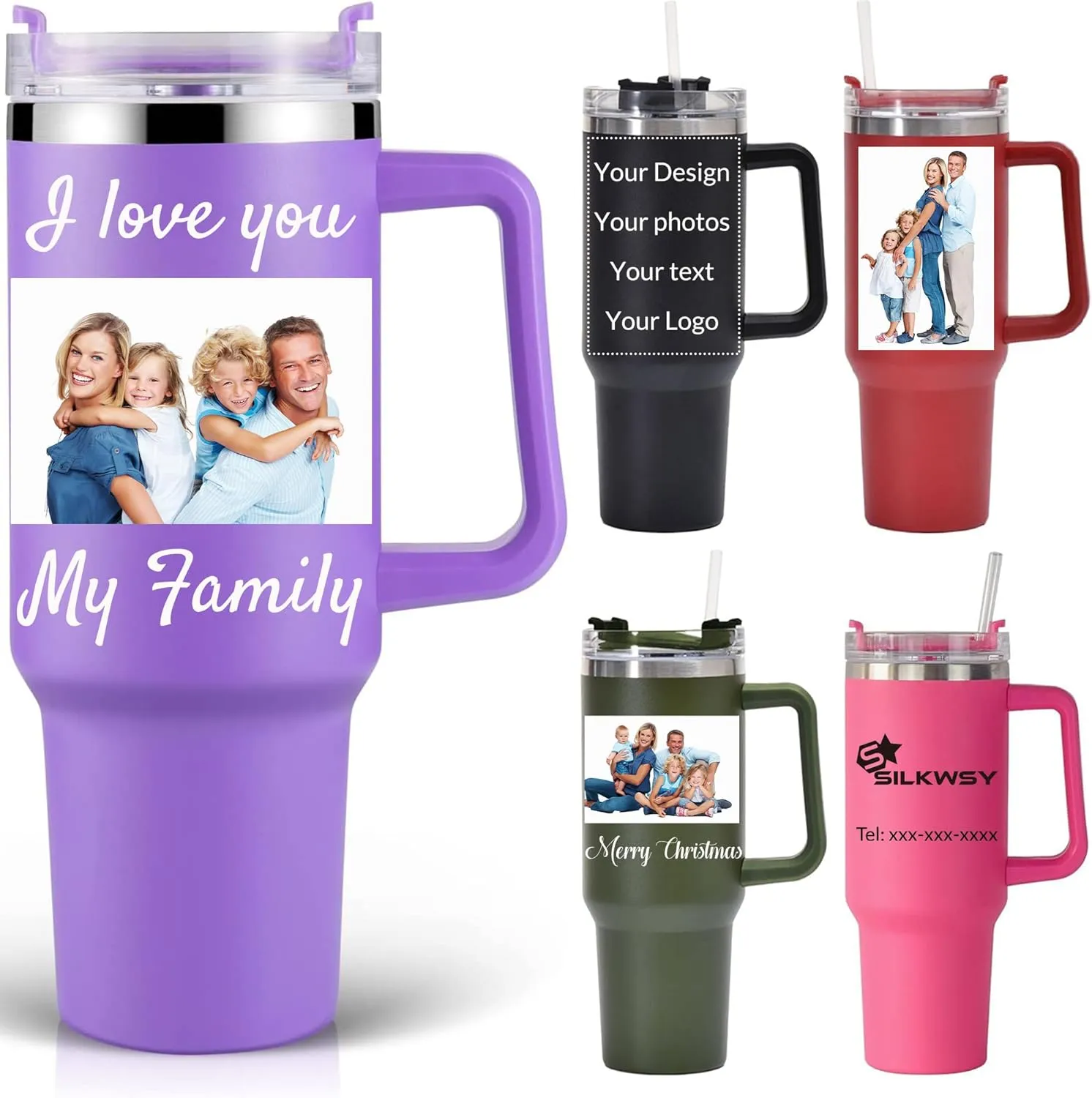 Personalized Tumbler With Handle-Custom 40oz Travel Cup With Lid And Straw-Laser Engraved With Name,Logo,Text,Image-Personalized Gifts For Mom,Dad,Birthday