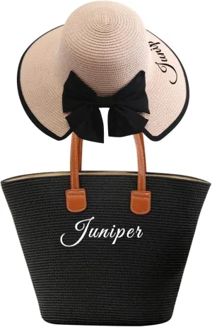 Personalized Women Straw Hat and Tote Bag Set,Custom Name Wide Brim Sun Hat Summer Foldable Floppy Beach Bag Travel Vacation
