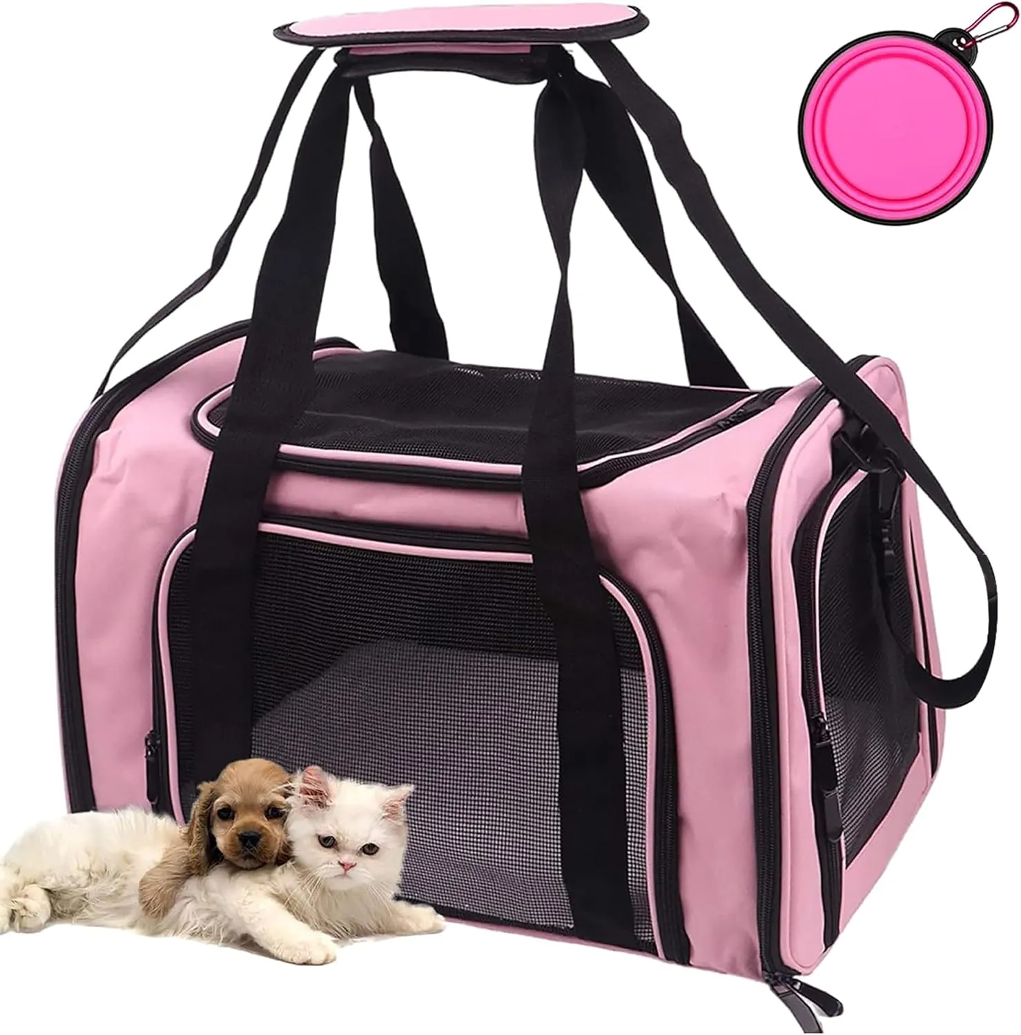 Pet Carrier Bag for Dog Cat,Portable Pet Bag Folding Fabric Pet Travel Carrier Pet Cage for Small Dog,Collapsible Puppy Messenger Pet Bags Airline Approved，Breathable & Durable,Pink Color