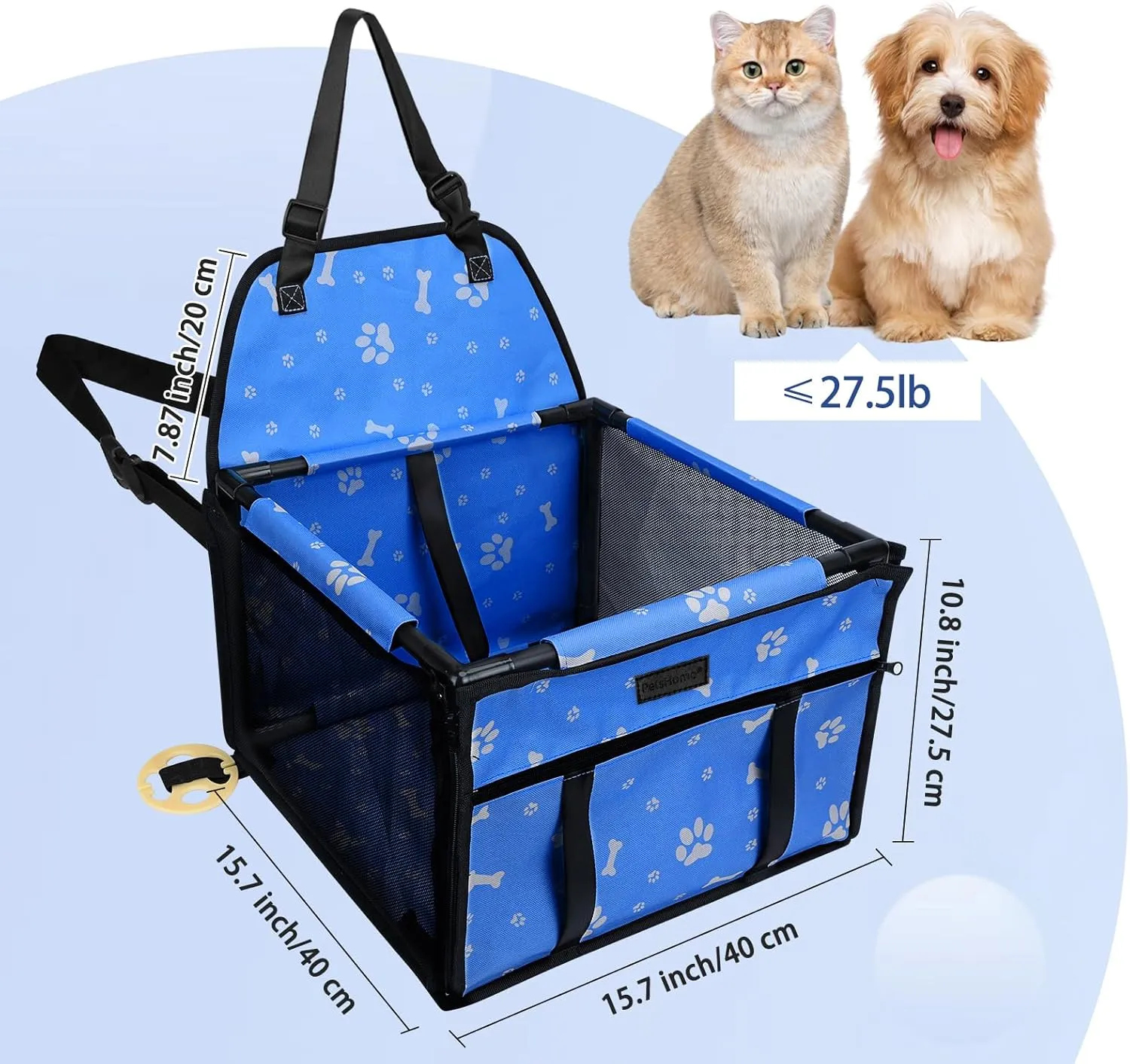 PetsHome Dog Car Seat Foldable Dog Car Booster Seat Waterproof Breathable Oxford Travel Bag for Small to Medium Dogs, Puppies, and Pets-Pattern Blue-Upgrade