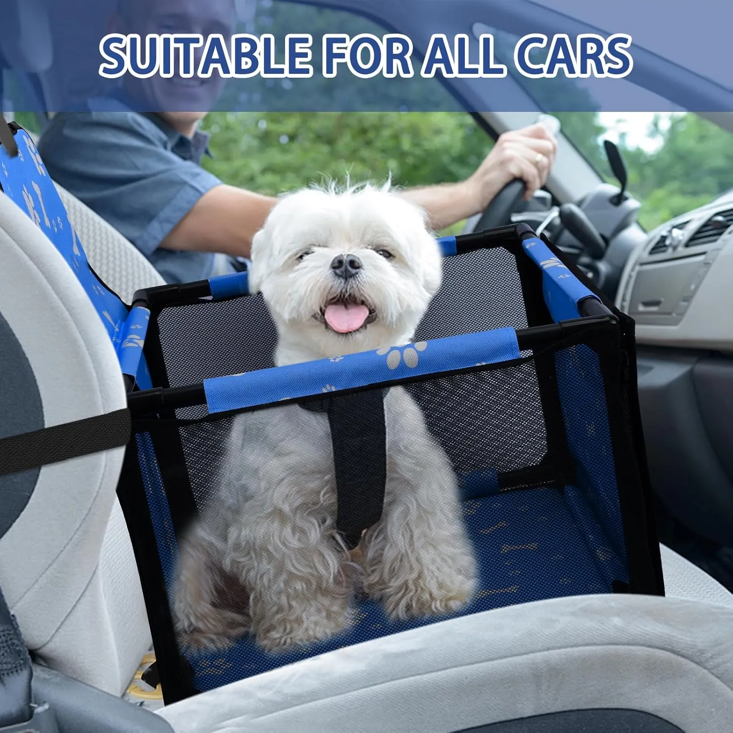 PetsHome Dog Car Seat Foldable Dog Car Booster Seat Waterproof Breathable Oxford Travel Bag for Small to Medium Dogs, Puppies, and Pets-Pattern Blue-Upgrade