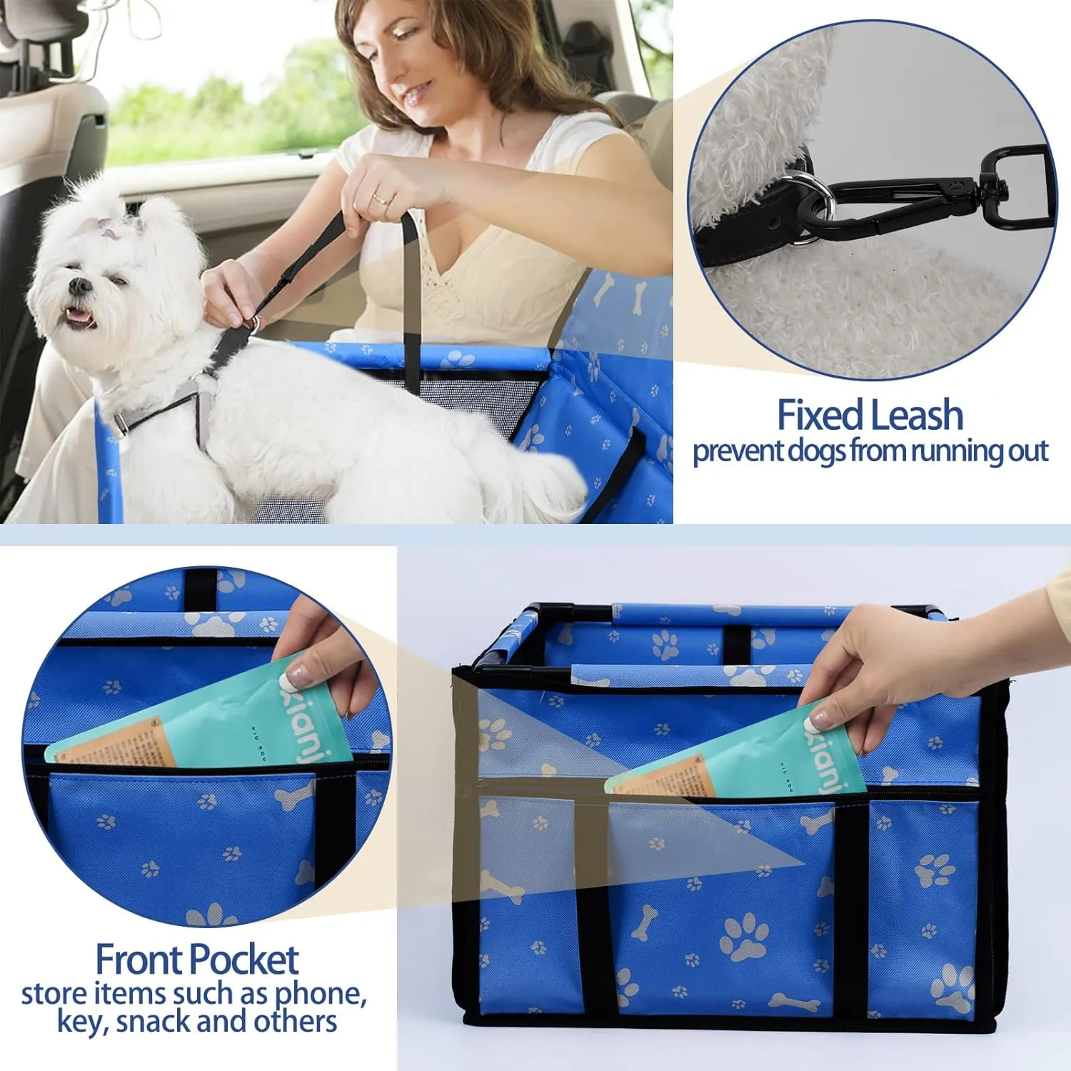 PetsHome Dog Car Seat Foldable Dog Car Booster Seat Waterproof Breathable Oxford Travel Bag for Small to Medium Dogs, Puppies, and Pets-Pattern Blue-Upgrade