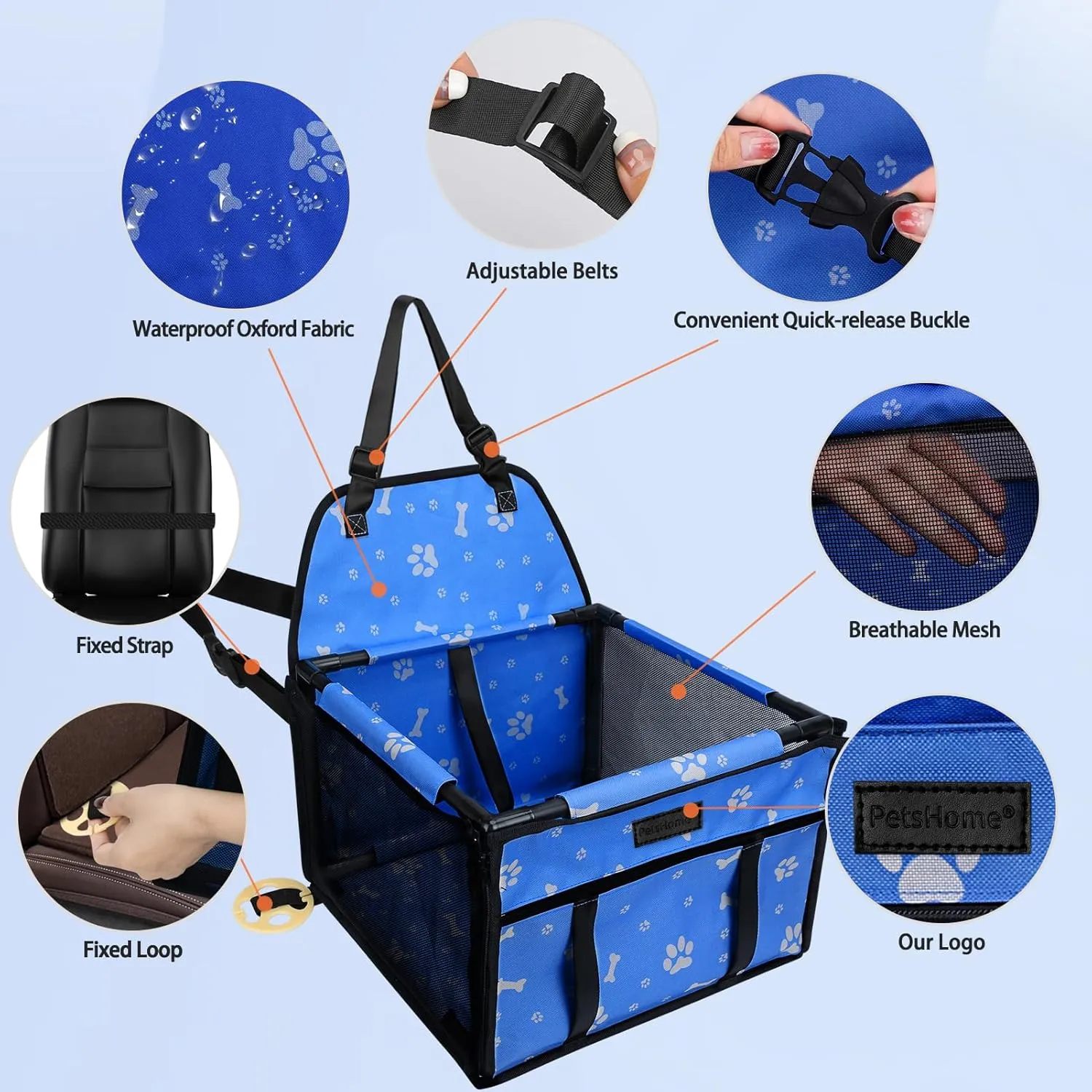 PetsHome Dog Car Seat Foldable Dog Car Booster Seat Waterproof Breathable Oxford Travel Bag for Small to Medium Dogs, Puppies, and Pets-Pattern Blue-Upgrade
