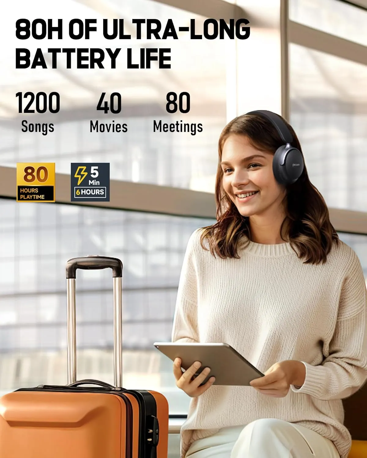 Picun NC60 Hybrid Active Noise Cancelling Headphones, Foldable Wireless Over Ear Bluetooth 5.4 Headphones, 80H Playtime, Transparency Mode, Stereo Bass, Custom EQ via App for Travel Home Black