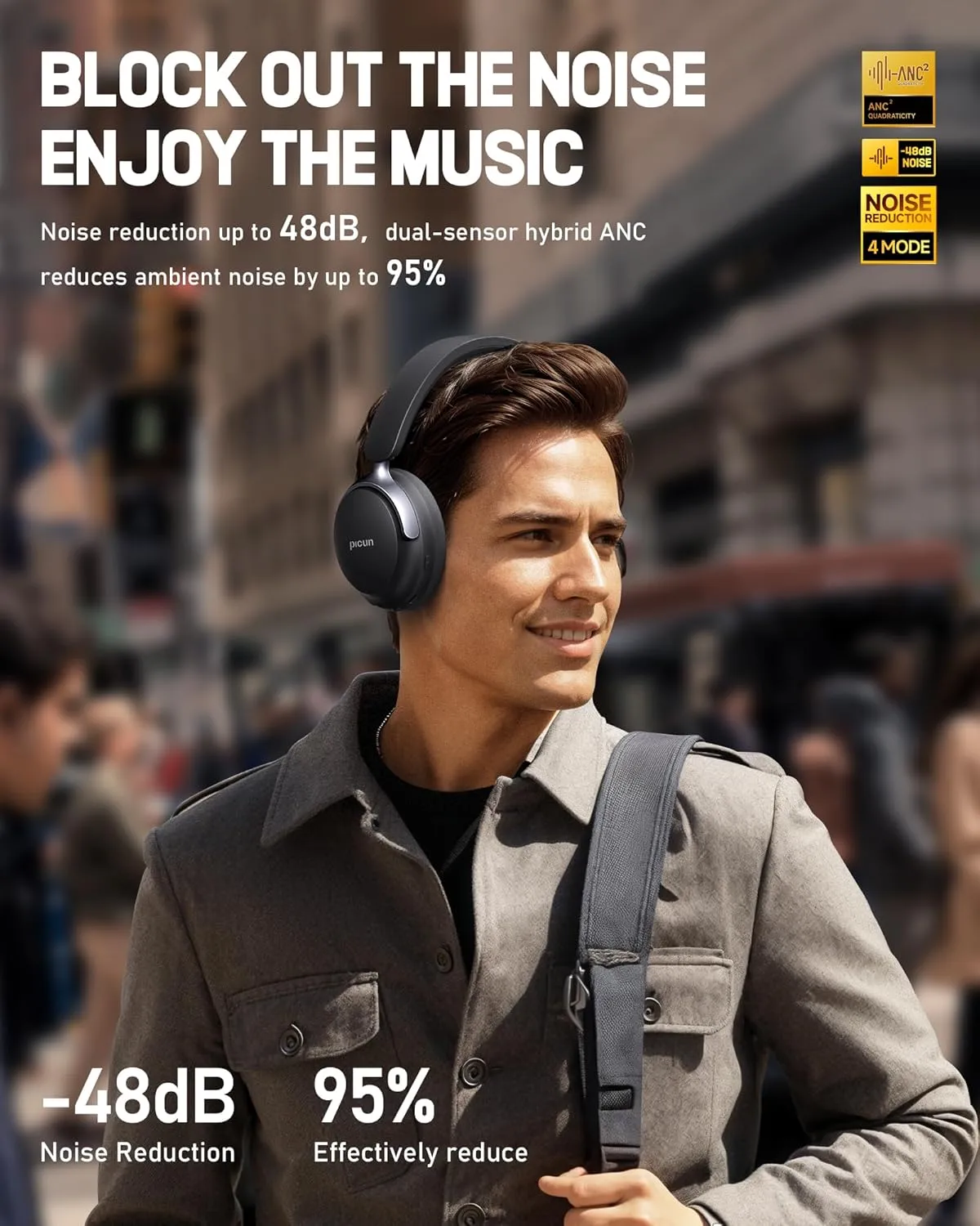 Picun NC60 Hybrid Active Noise Cancelling Headphones, Foldable Wireless Over Ear Bluetooth 5.4 Headphones, 80H Playtime, Transparency Mode, Stereo Bass, Custom EQ via App for Travel Home Black