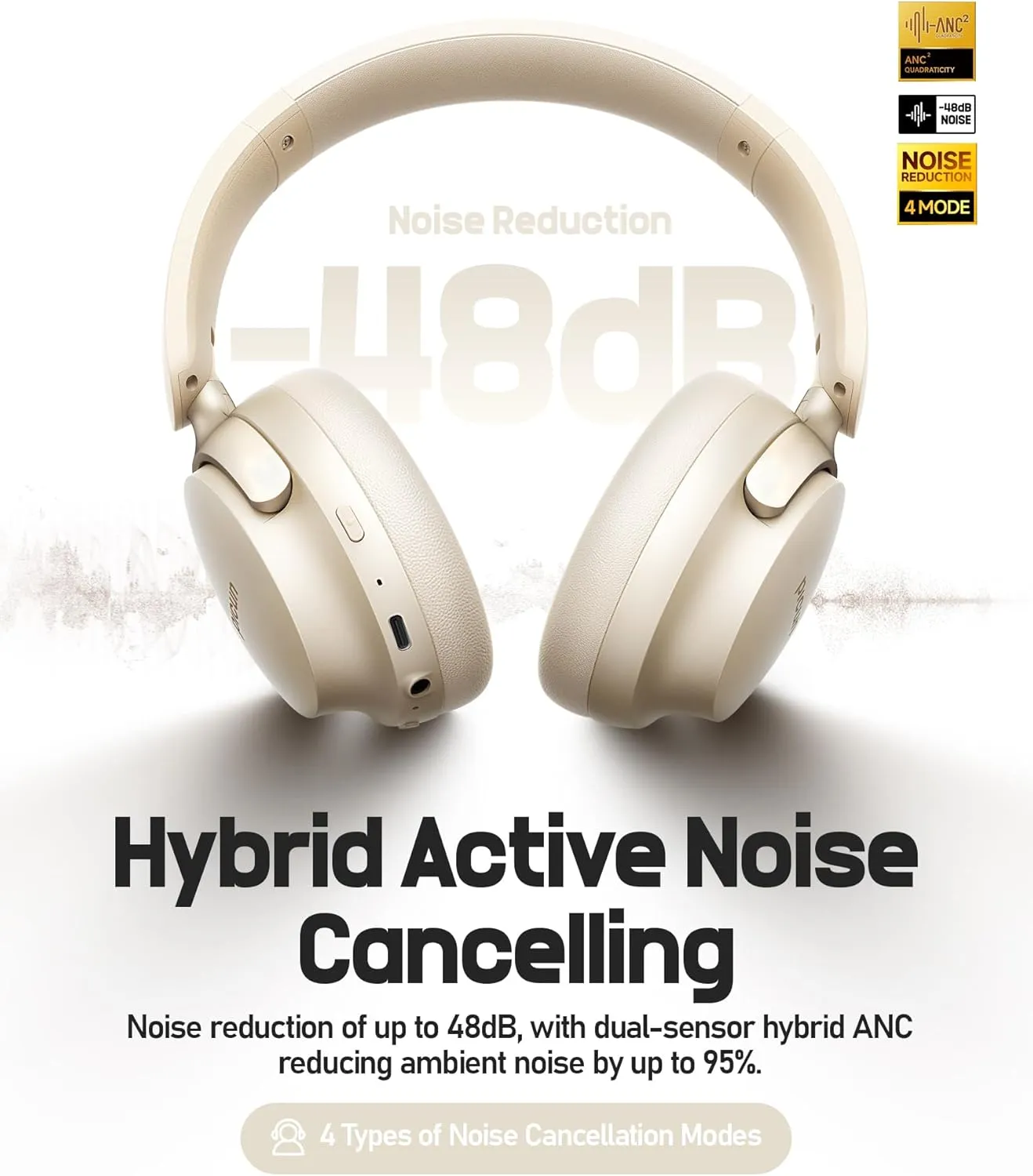Picun NC60 Hybrid Active Noise Cancelling Headphones, Foldable Wireless Over Ear Bluetooth 5.4 Headphones, 80H Playtime, Transparency Mode, Stereo Bass, Custom EQ via App for Travel Home Khaki White