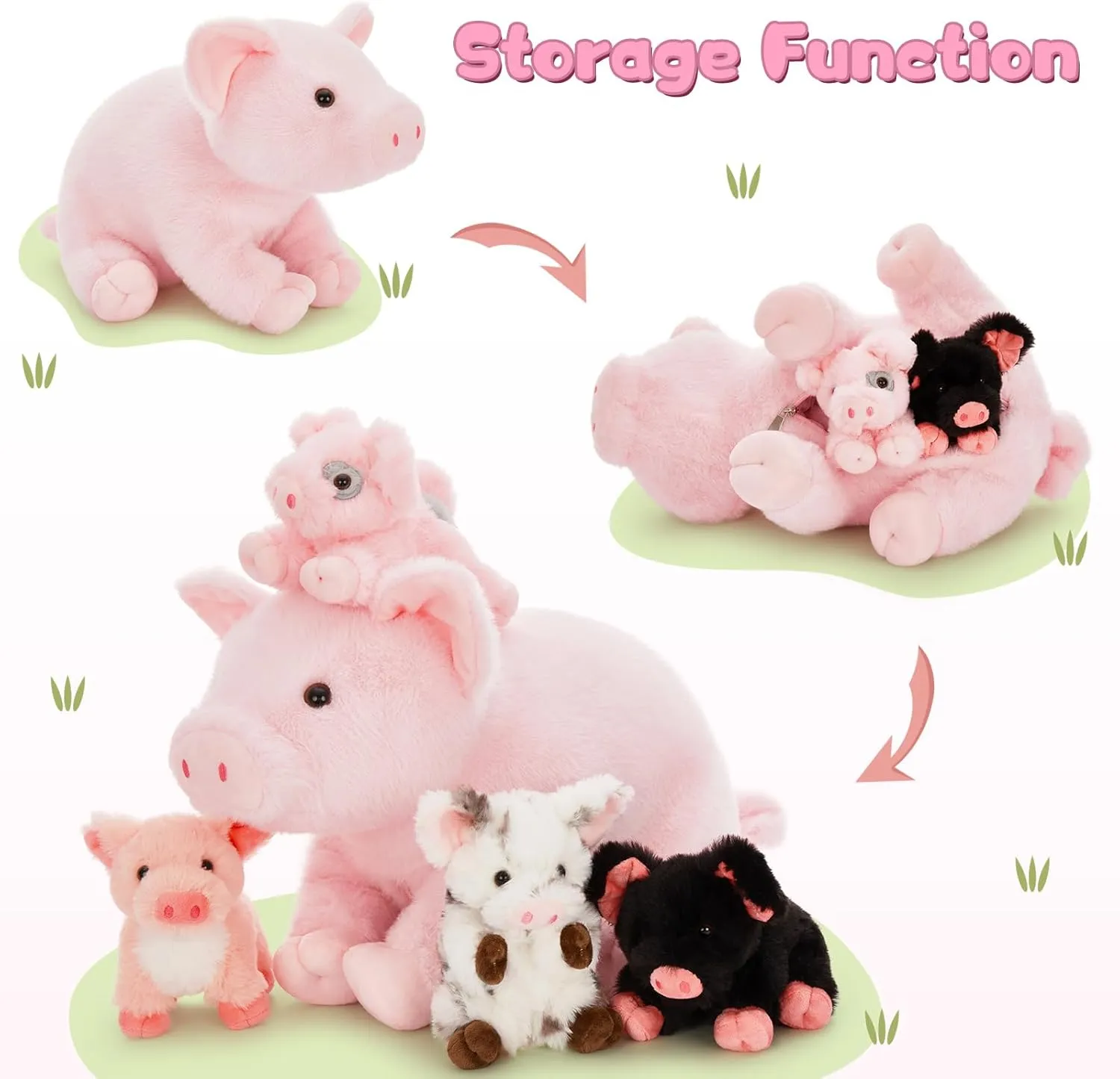 Pig Stuffed Animal, 16 Inch Mommy Pig Plush with 4 Soft Cuddly Baby Piggy Plushies in Mother Pig's Belly, Kawaii Chirstmas Birthday Gift for Girls Boys Kids, Baby Shower Decor