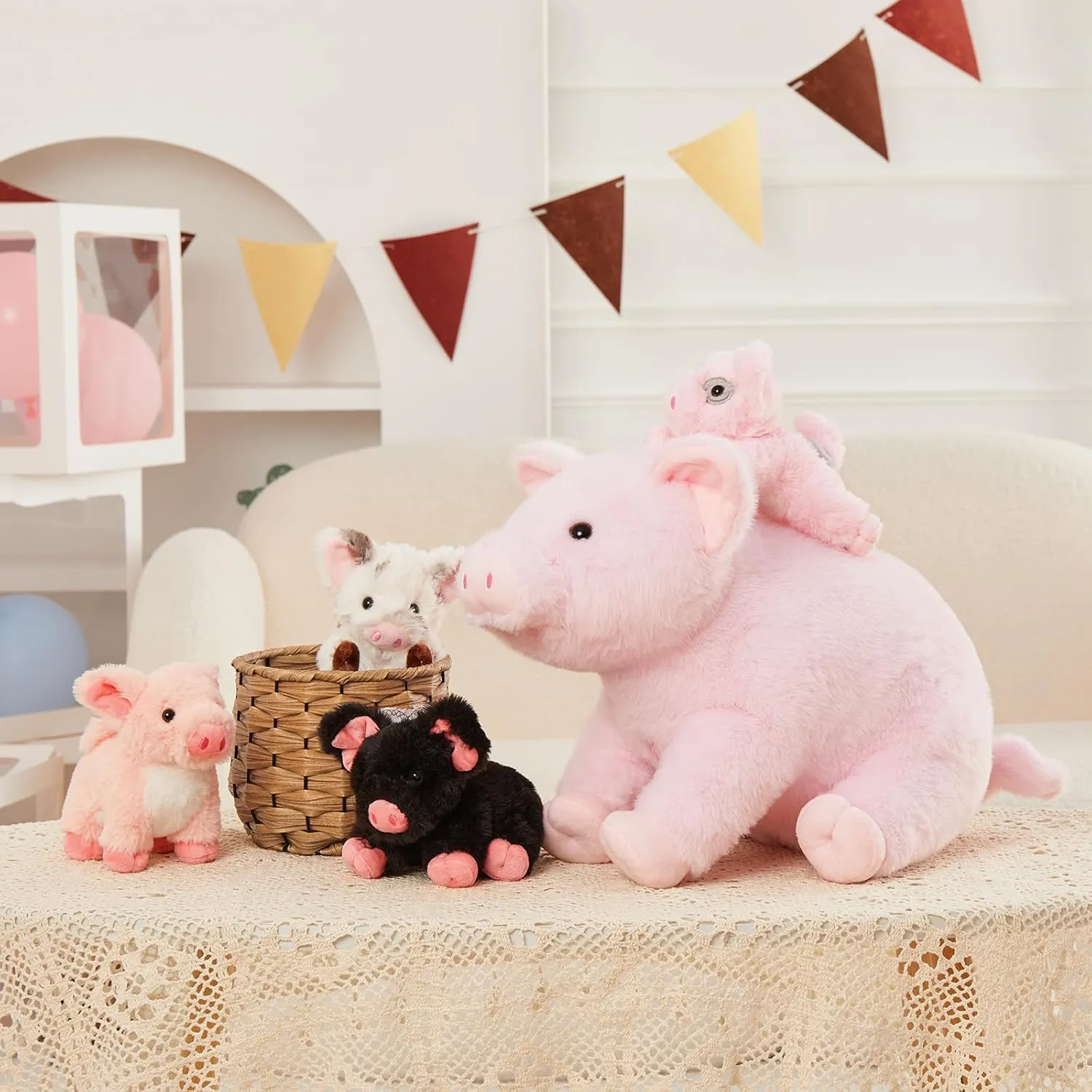 Pig Stuffed Animal, 16 Inch Mommy Pig Plush with 4 Soft Cuddly Baby Piggy Plushies in Mother Pig's Belly, Kawaii Chirstmas Birthday Gift for Girls Boys Kids, Baby Shower Decor