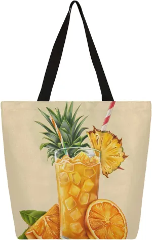 Pineapple Juice Drink Large Capacity Canvas Tote Bag Stylish Handheld Shoulder Bag Reusable Shopping Bag for Work Travel Beach Trips Shopping