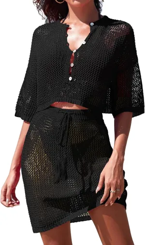 Pink Queen 2 Piece Crochet Swimsuit Cover Ups for Women Hollow Out Knitted Bathing Suit Coverup Beach Crop Top and Skirt Sets