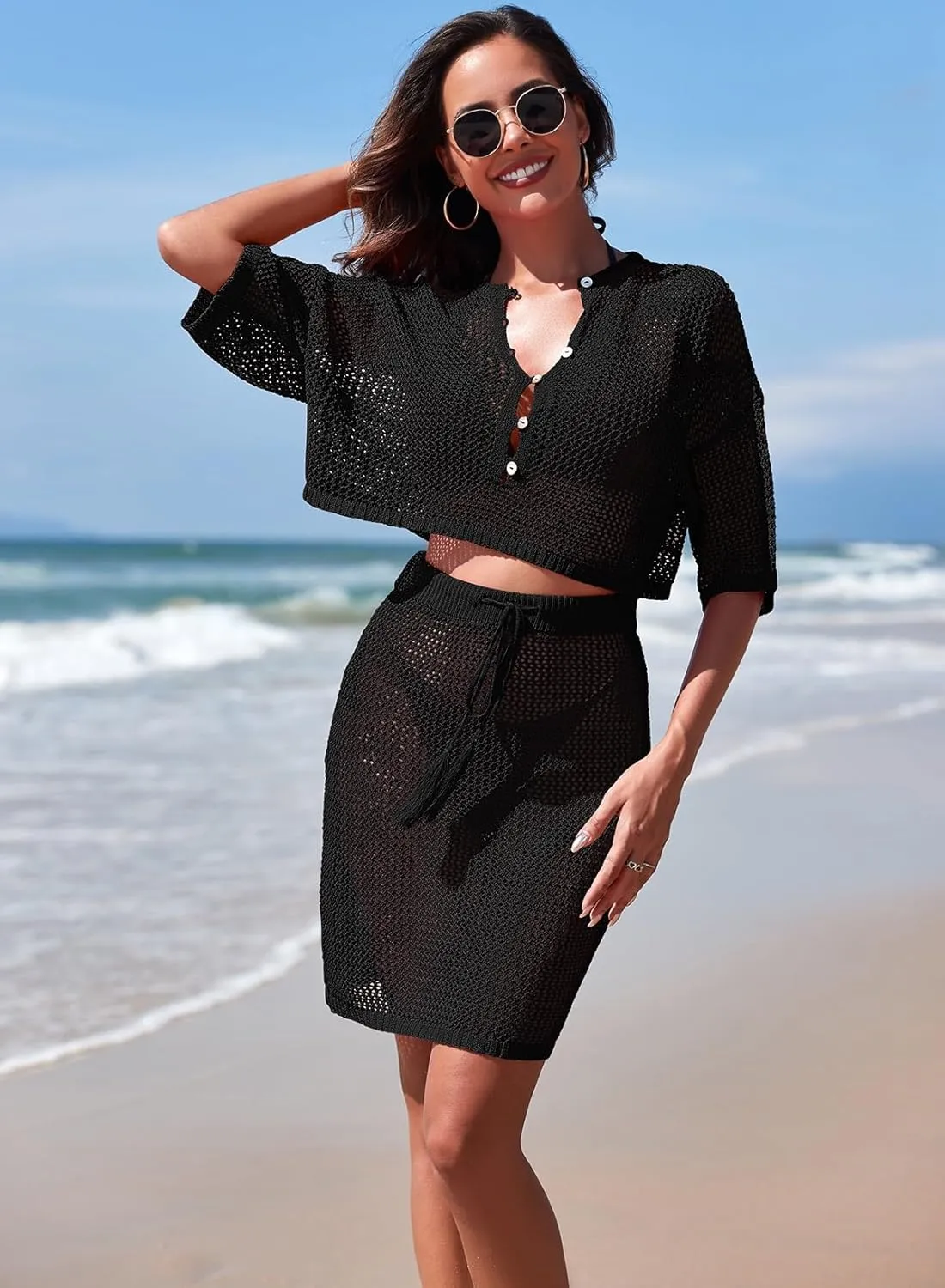 Pink Queen 2 Piece Crochet Swimsuit Cover Ups for Women Hollow Out Knitted Bathing Suit Coverup Beach Crop Top and Skirt Sets