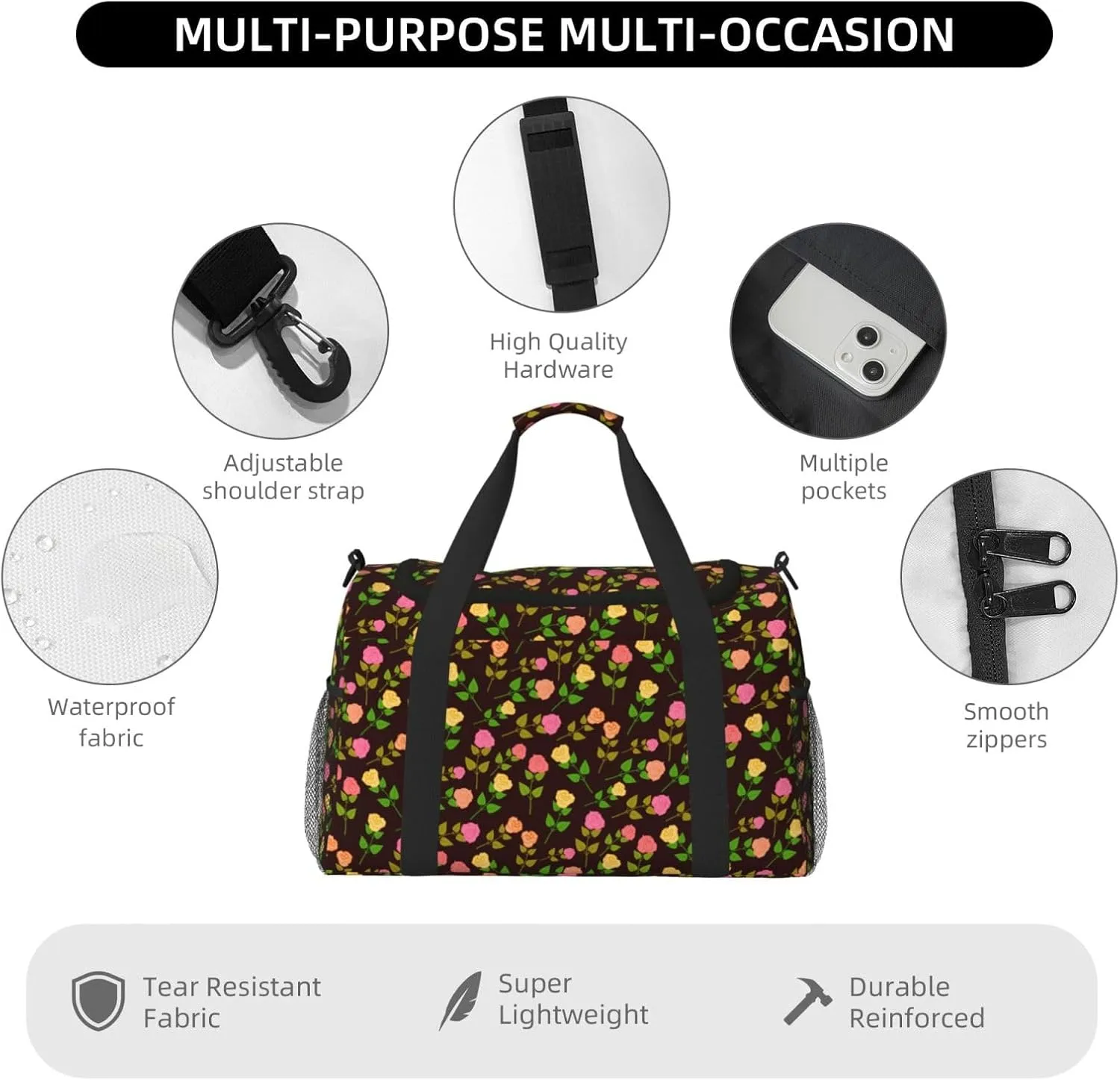 Pink Wildflower Travel Duffel Bag Large Foldable Waterproof Overnight Bag For Beach Swim Bags Pool Sports Gym