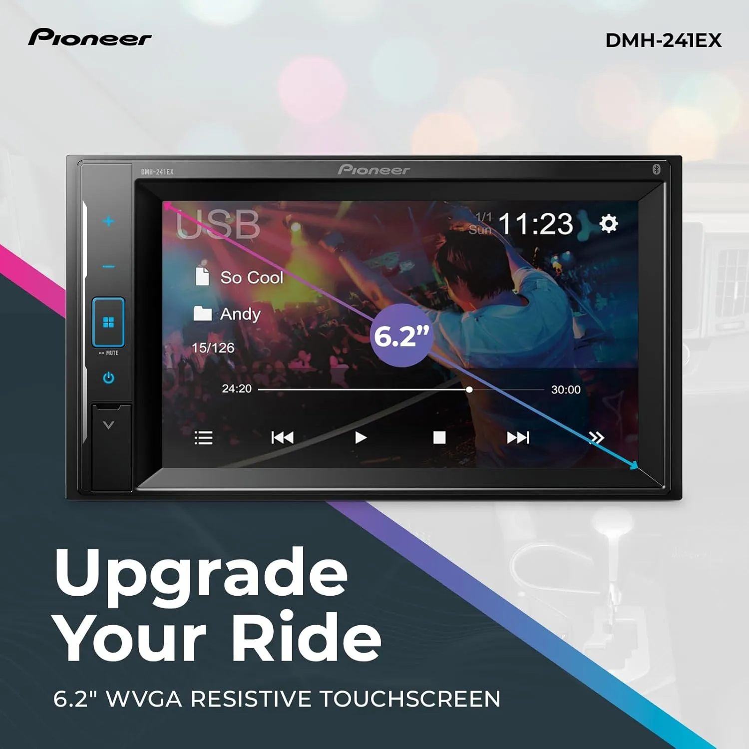 Pioneer DMH-241EX Digital Multimedia Receiver, 6.2” Resistive Touchscreen, Double-DIN, Built-in Bluetooth and Weblink