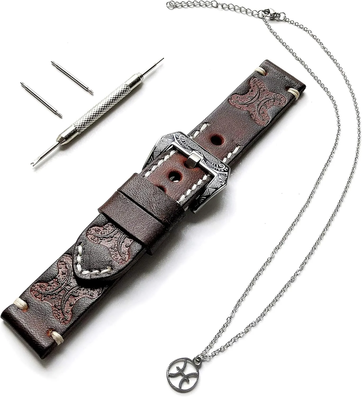 Pisces Zodiac Set Genuine Brown Leather 22mm Tooled Embossed Crafted Band Strap Bracelet Watch Kit for Watches and 25" Inch Pendant Necklace