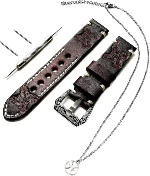 Pisces Zodiac Set Genuine Brown Leather 22mm Tooled Embossed Crafted Band Strap Bracelet Watch Kit for Watches and 25" Inch Pendant Necklace