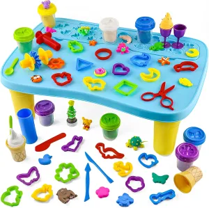 Playdough Tools Kit with 33pcs Play Dough Tools Accessories, Play Table with Storage Compartment, 8 Cans