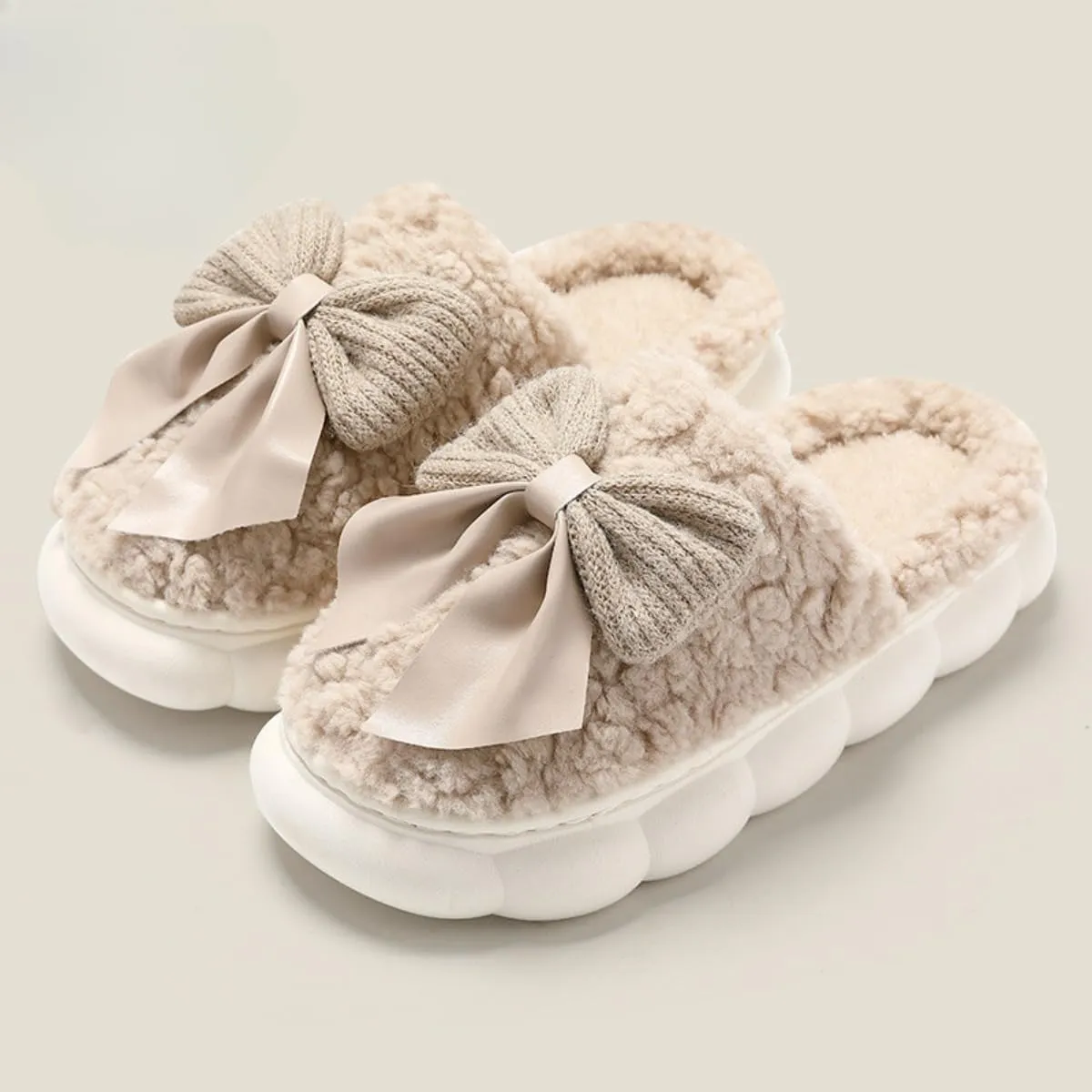 Plush Cute Bow Slippers for Women – Furry Comfy Indoor Outdoor Non-Slip House Slippers