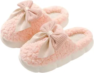 Plush Cute Bow Slippers for Women – Furry Comfy Indoor Outdoor Non-Slip House Slippers