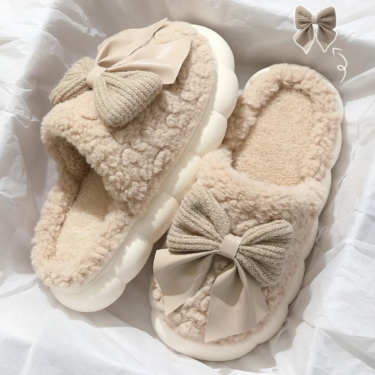 Plush Cute Bow Slippers for Women – Furry Comfy Indoor Outdoor Non-Slip House Slippers