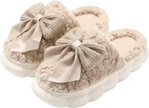 Plush Cute Bow Slippers for Women – Furry Comfy Indoor Outdoor Non-Slip House Slippers