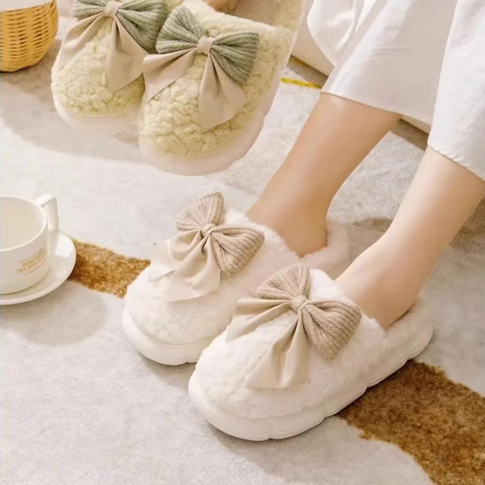 Plush Cute Bow Slippers for Women – Furry Comfy Indoor Outdoor Non-Slip House Slippers