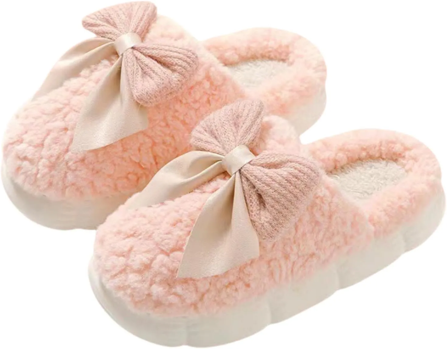 Plush Cute Bow Slippers for Women – Furry Comfy Indoor Outdoor Non-Slip House Slippers