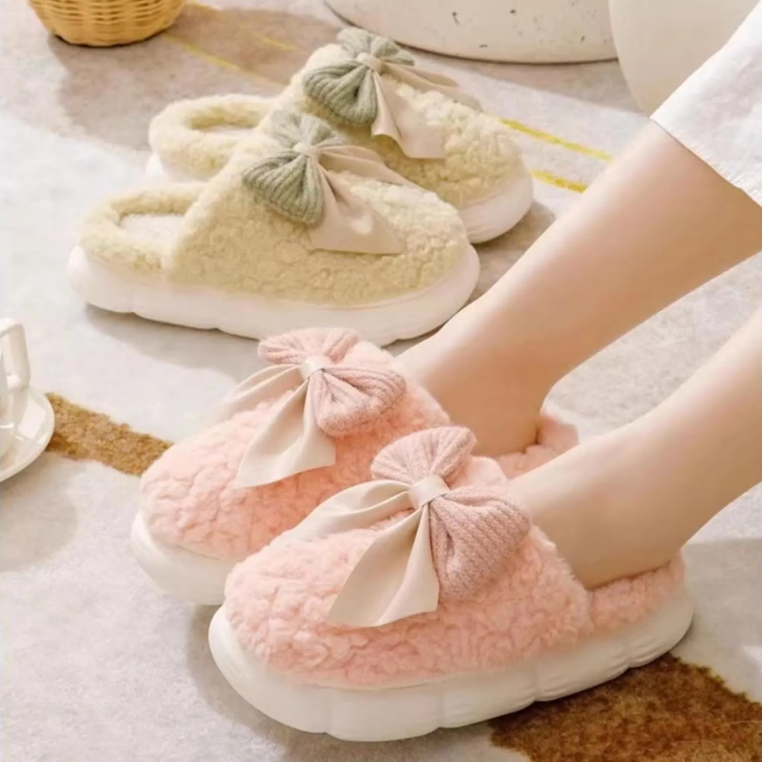 Plush Cute Bow Slippers for Women – Furry Comfy Indoor Outdoor Non-Slip House Slippers