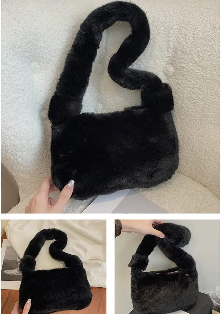 Plush Tote Bag Y2K Fuzzy Furry Hobo Bag Solid Purse Plush Aesthetic Shoulder Bag Accessories for Autumn Winter (Black)