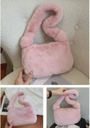 Plush Tote Bag Y2K Fuzzy Furry Hobo Bag Solid Purse Plush Aesthetic Shoulder Bag Accessories for Autumn Winter (Light Pink)