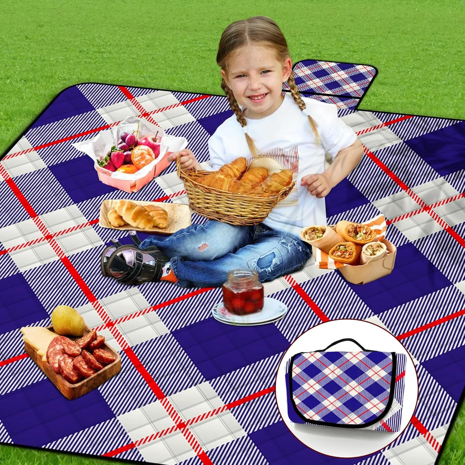 Poedist Extra Large Picnic Blanket Waterproof,80"x 80"Foldable Machine Washable Beach Blanket,Outdoor Blanket for 6-8 Adults,Suitable for Indoor Crawling,Park,Camping,Hiking,Family Travel(Square