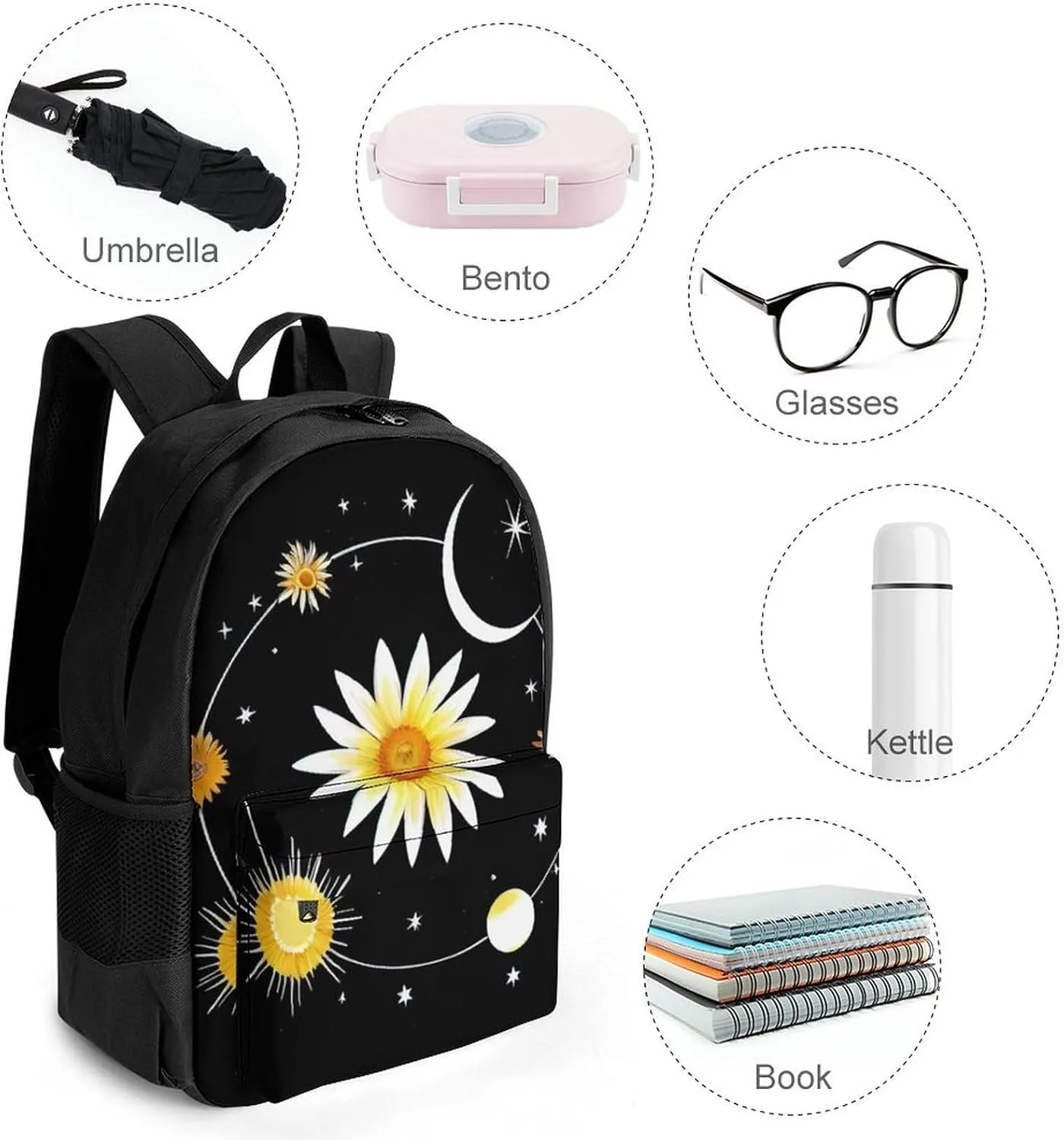 Polyester Daypack Backpack for Sports Travel Running - Big Capacity Anti-Theft Multipurpose Carry On Bag, Interstellar Orbit Sun Flower Art Laptop Book Bag Rucksack