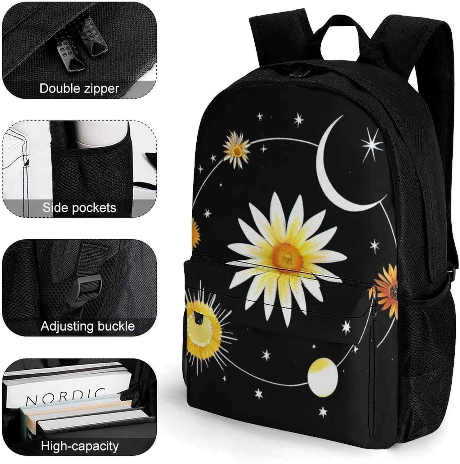 Polyester Daypack Backpack for Sports Travel Running - Big Capacity Anti-Theft Multipurpose Carry On Bag, Interstellar Orbit Sun Flower Art Laptop Book Bag Rucksack