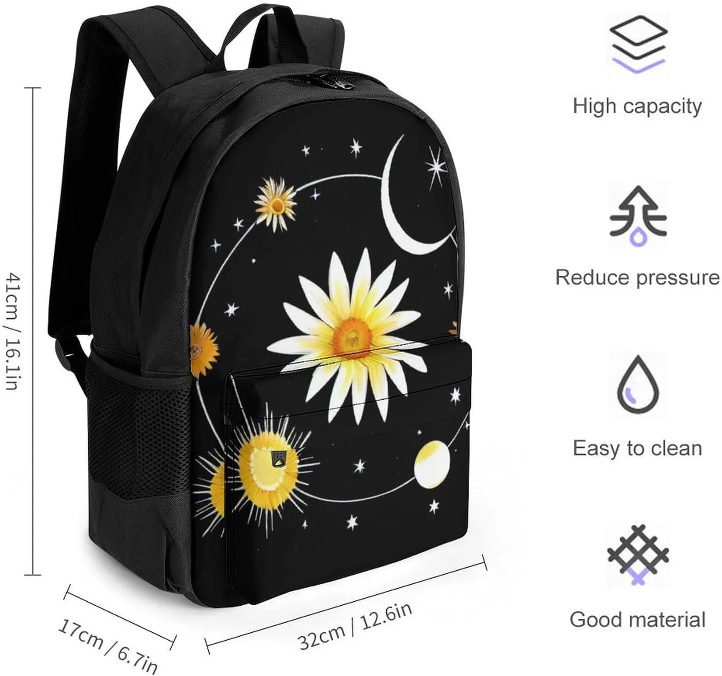 Polyester Daypack Backpack for Sports Travel Running - Big Capacity Anti-Theft Multipurpose Carry On Bag, Interstellar Orbit Sun Flower Art Laptop Book Bag Rucksack